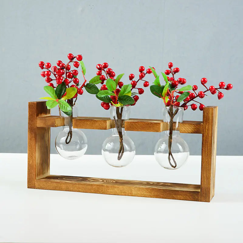 Minimalist Wooden Round Container with Glass Vase