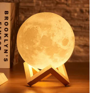Wooden Moon Desk Lamp with Touch Control and Stand