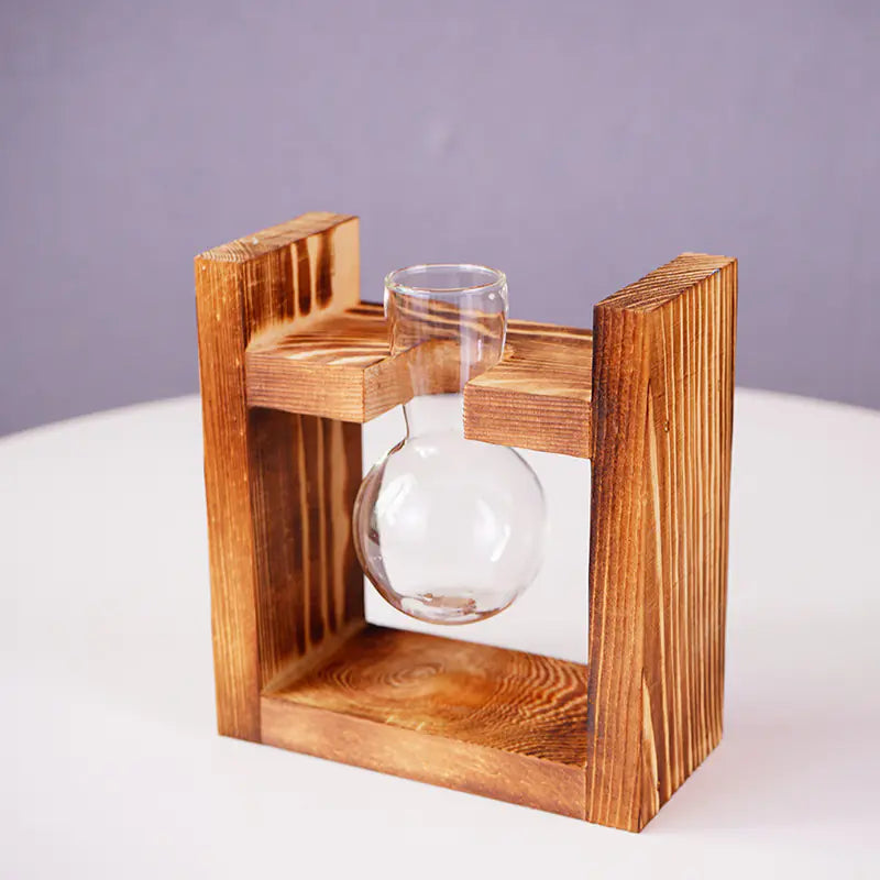 Minimalist Wooden Round Container with Glass Vase