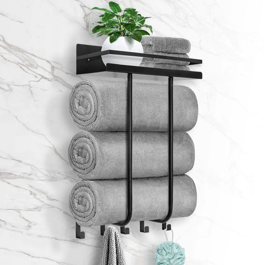 Towel Racks for Bathroom Towel Rack Wall Mounted with Metal Shelf and 5 Hooks for Small Bathroom Towel Holder for Bathroom Bath Towel Storage for Rolled Towels Organizer Black