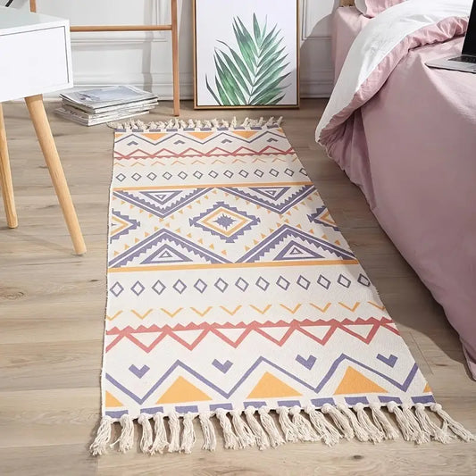 1pc Ethnic Style Cotton Linen Tufted Abstract Rug