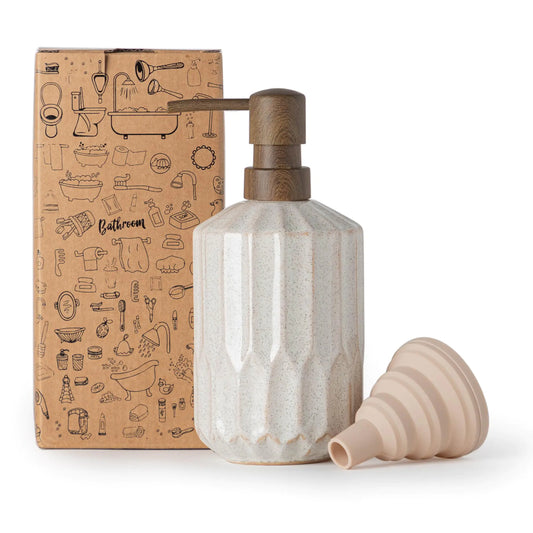 Fun Elements Bathroom Soap Dispenser 16 Oz Luxurious Hand soap Dispenser for Bathroom Ceramic Liquid Soap Dispenser for Bathroom Countertop with Plastic Pump Silicone Funnel (Wooden Color Pump)