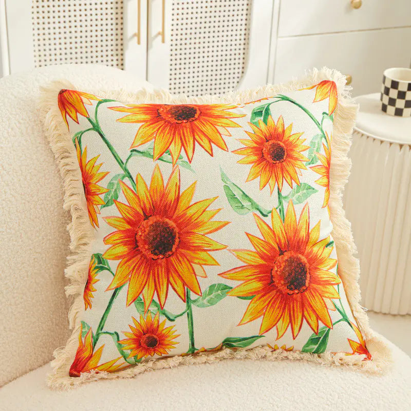 Tassel Sunflower Linen Printed Pillowcase for Home Use