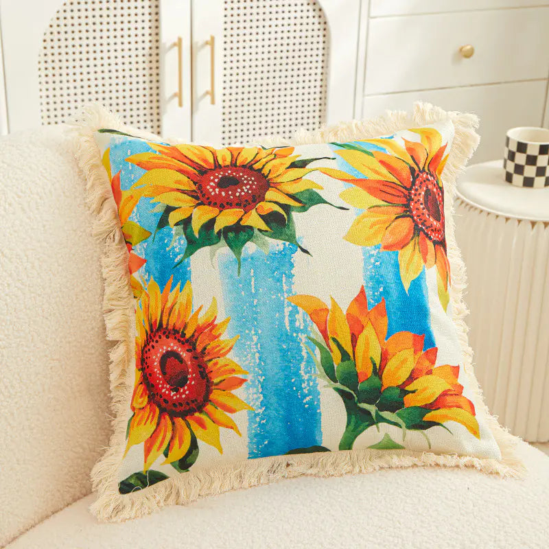 Tassel Sunflower Linen Printed Pillowcase for Home Use