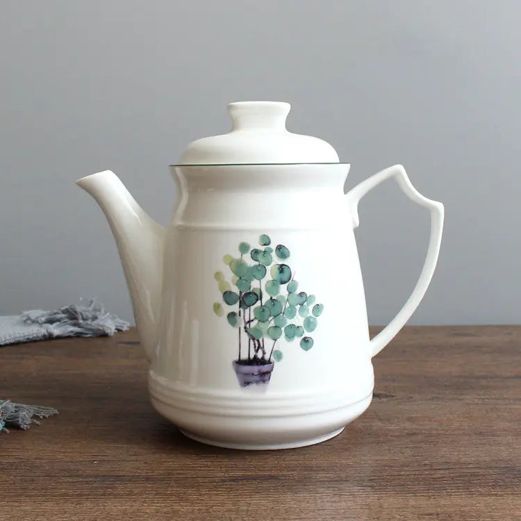 Nordic Green Ceramic Kettle and Plant Set