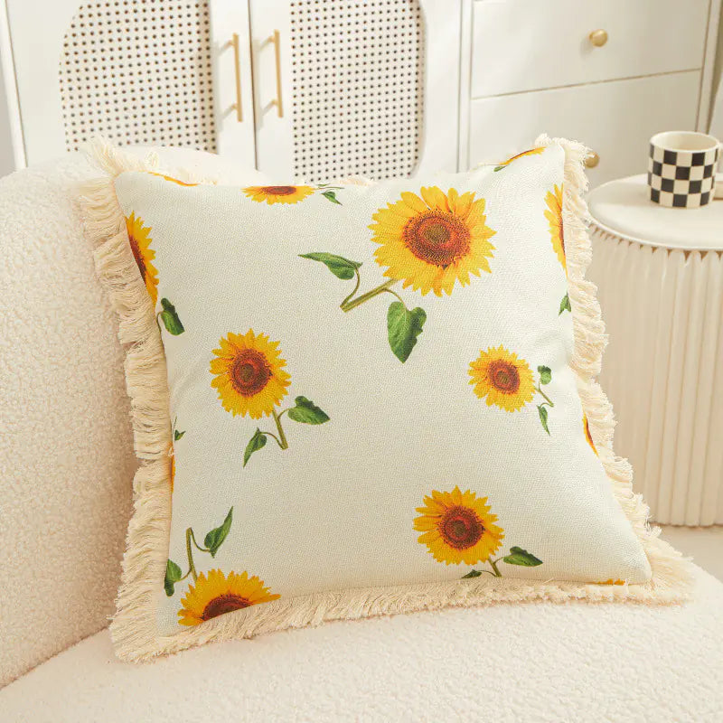 Tassel Sunflower Linen Printed Pillowcase for Home Use