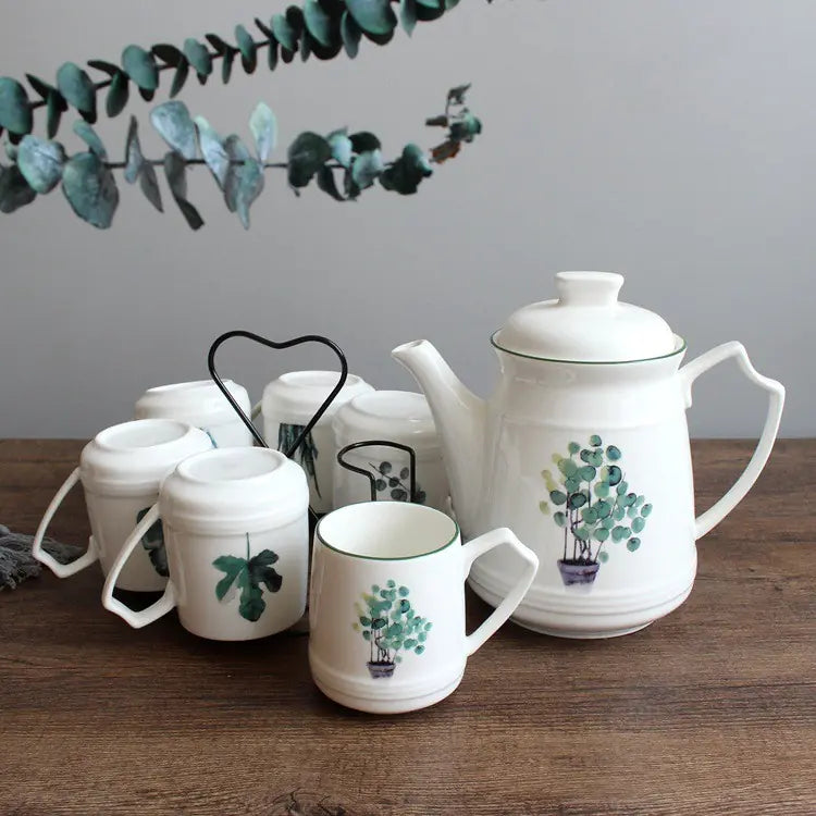 Nordic Green Ceramic Kettle and Plant Set