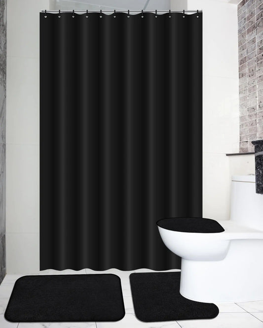 Hosuly 4 Pcs Bathroom Shower Curtain Set with Non Slip Rugs Toilet Lid Cover and Bath Mat Waterproof Bathroom Curtains with 12 Hooks Shower Set for Solid Color Bathroom Decor (Black)