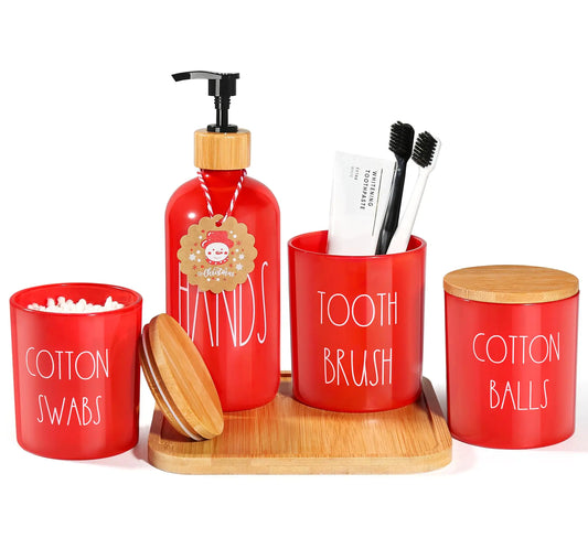 ALPIRIRAL Christmas Bathroom Sets 5 Pcs Glass Christmas Bathroom Decor with Bamboo Tray Christmas Tags Soap Dispenser and Toothbrush Holder Set Qtip Holder Set Red Bathroom Accessories