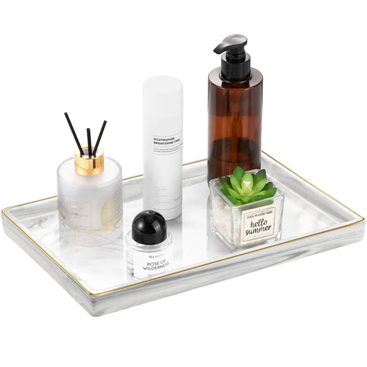 Luxspire Bathroom Vanity Tray 12inch Marble Ceramic Bathroom Trays for Counter Gold and White Tray for Dresser Kitchen Counter Tray Perfume Tray Bathroom Accessories Large Marble White