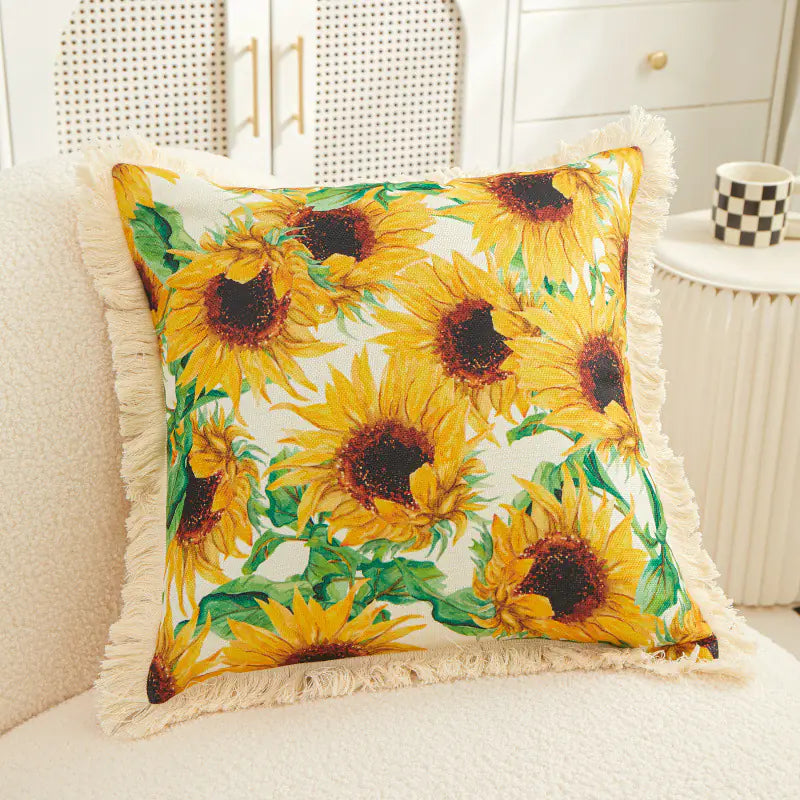 Tassel Sunflower Linen Printed Pillowcase for Home Use