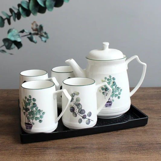 Nordic Green Ceramic Kettle and Plant Set