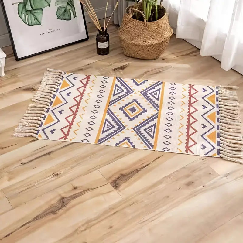 1pc Ethnic Style Cotton Linen Tufted Abstract Rug