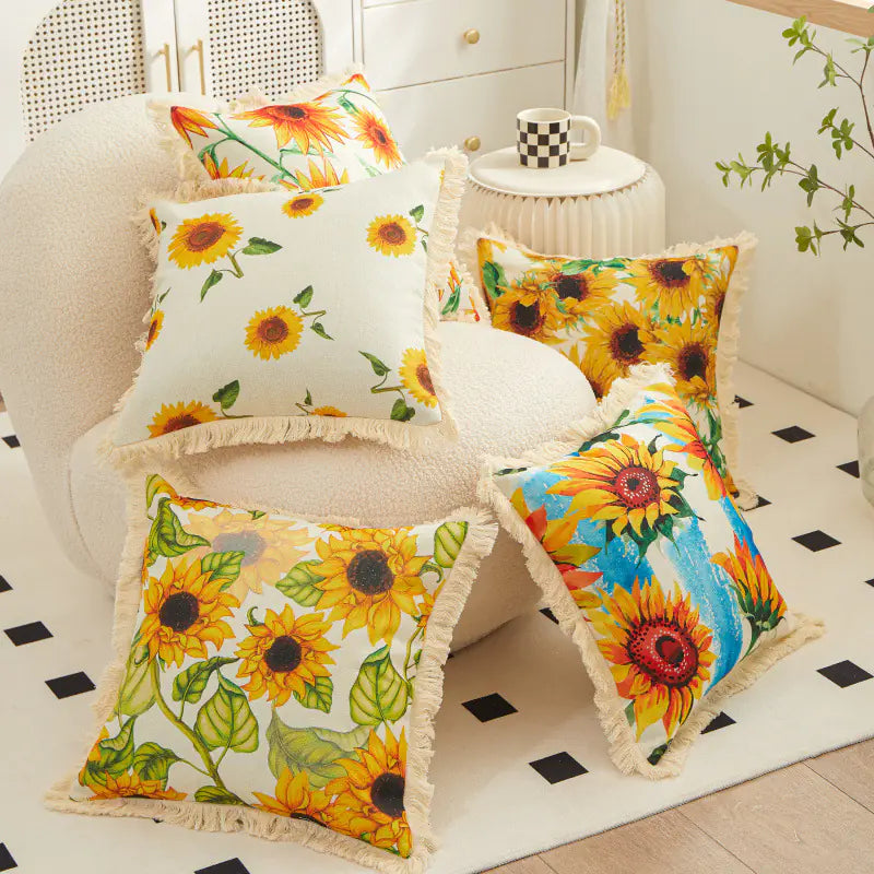 Tassel Sunflower Linen Printed Pillowcase for Home Use