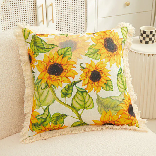Tassel Sunflower Linen Printed Pillowcase for Home Use