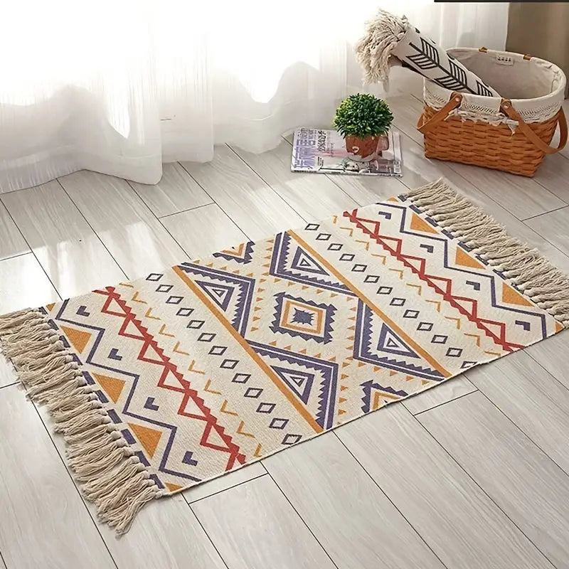 1pc Ethnic Style Cotton Linen Tufted Abstract Rug