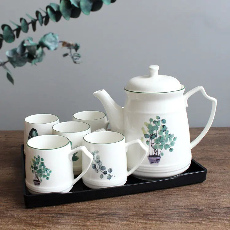 Nordic Green Ceramic Kettle and Plant Set